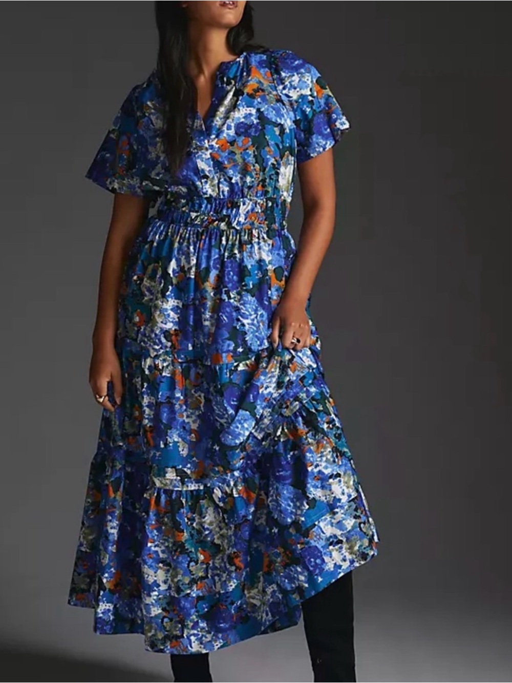 Anthropologie Multicolor Blue Floral Tiered Maxi Dress